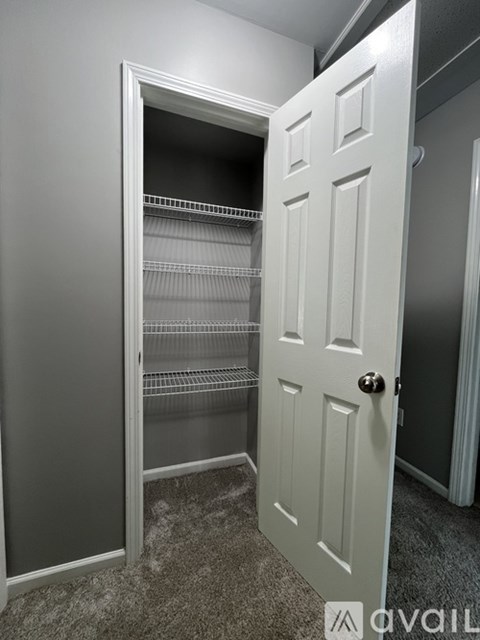 A white door is open to reveal a walk-in closet with shelves.