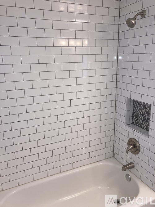A white tiled shower with a glass door and a white bathtub.