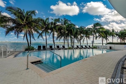 A pool surrounded by palm trees under a blue sky.