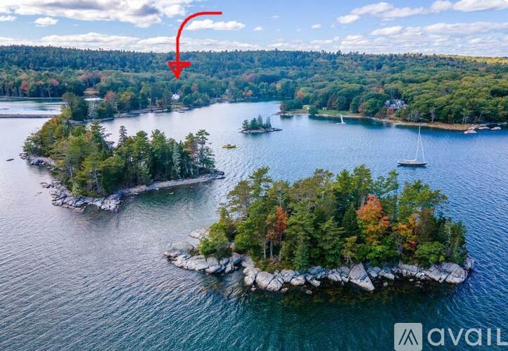 A small island surrounded by water with boats and trees.