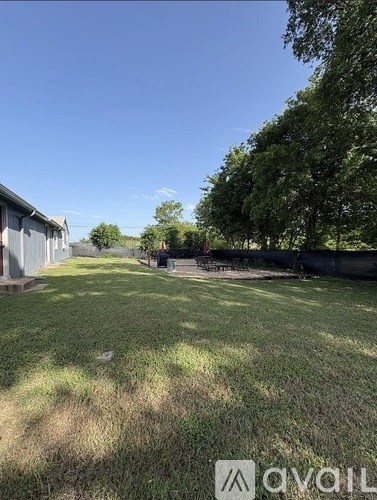 A backyard with a lawn and trees.