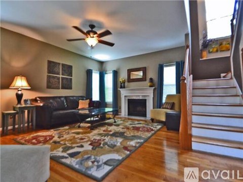 A living room with a couch, a fireplace, and a rug.