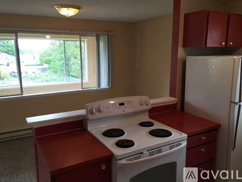A kitchen with a white stove and red countertops.