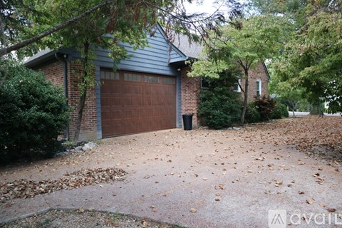 A house with a brown garage door surrounded by trees and fallen leaves.