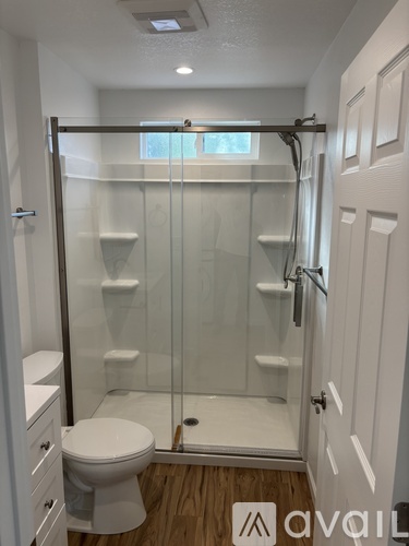 A white toilet sits in a bathroom with a walk-in shower.