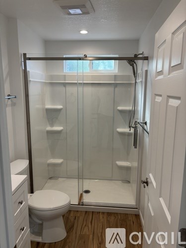 A white toilet sits in a bathroom with a walk-in shower.