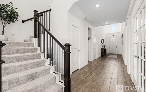 A staircase with a plant on the left side and a white door on the right side.