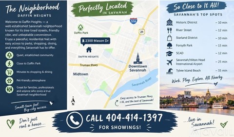 A real estate advertisement for Daffin Heights in Savannah, Georgia, highlighting its neighborhood features and proximity to top spots.