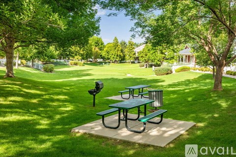 A picnic table is surrounded by trees in a park.