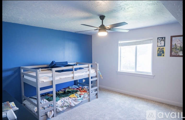 A room with blue walls and a bunk bed.