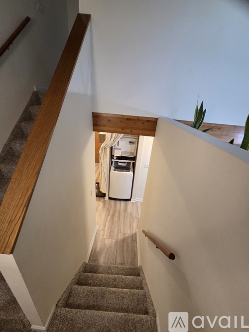 A staircase with a carpeted runner and wooden handrails leads to a small room with a white cabinet and a plant.