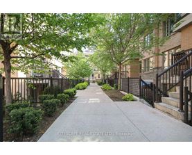 A tree-lined sidewalk in front of a brick building.