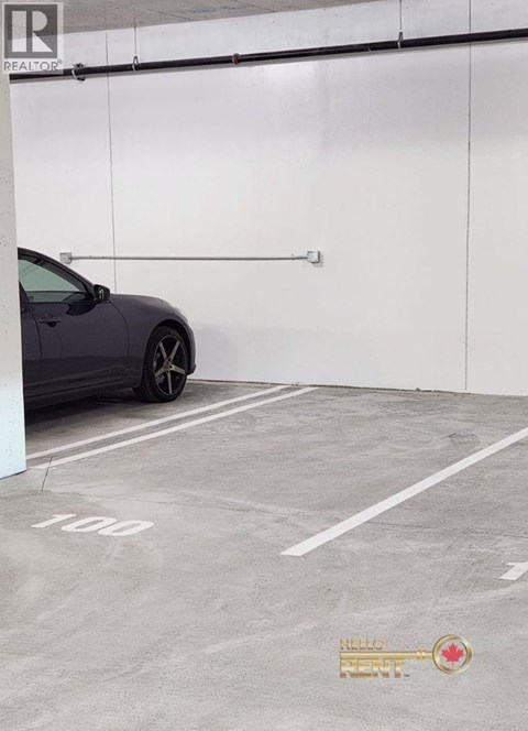 A grey car is parked in a parking space with the number 100 on the ground.