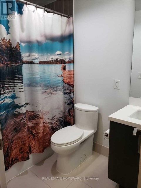 A white toilet in a bathroom with a shower curtain featuring a lake and forest scene.