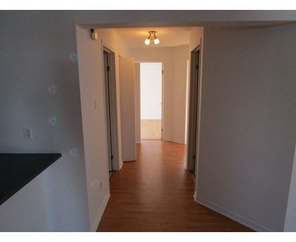 A long hallway with doors on both sides and a light at the end.
