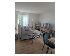 A living room with a grey couch, a black chair, a wooden table, and a television.