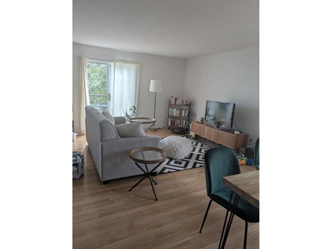 A living room with a grey couch, a black chair, a wooden table, and a television.