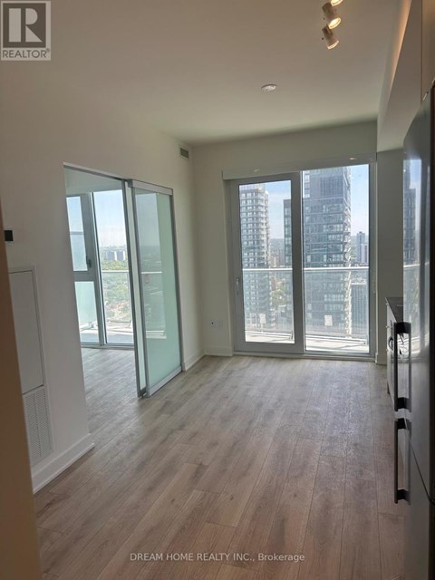 A brokerage office with a view of the city.