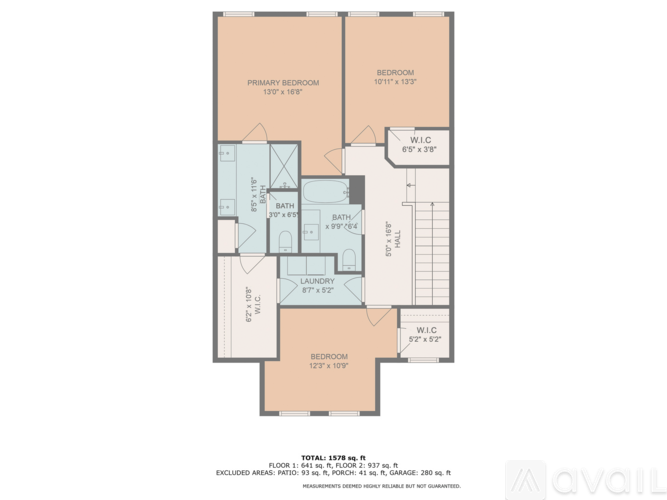 A floor plan of an apartment with two bedrooms, a bathroom, a laundry room, and a kitchen.