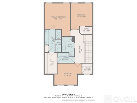 A floor plan of an apartment with two bedrooms, a bathroom, a laundry room, and a kitchen.