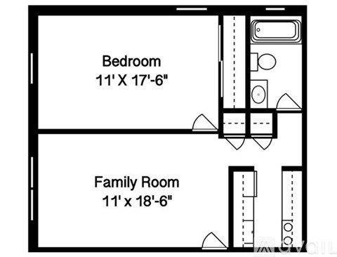 A floor plan of a bedroom and family room with dimensions.