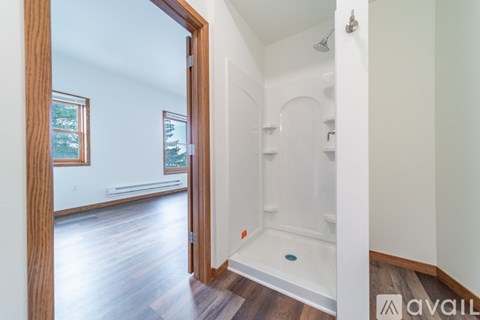 A bathroom with a walk in shower and a doorway leading to a living room.