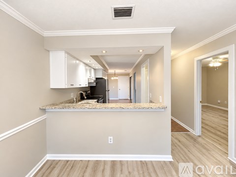 A kitchen with a countertop and cabinets is available for rent.