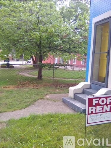 A tree is planted in front of a fence and a building.