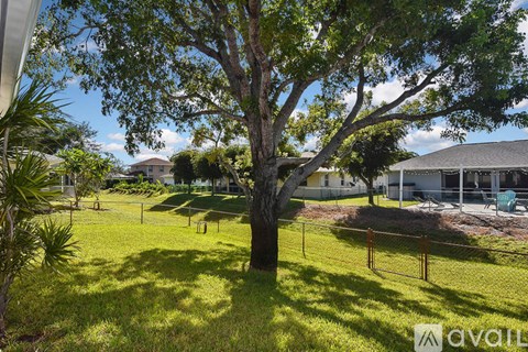 A tree in a yard with a house in the background.