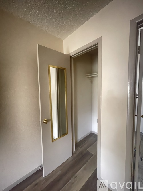 A hallway with a mirror on the wall and a door at the end.