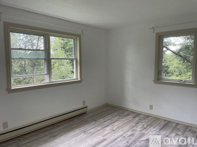 A room with two windows and wooden flooring.