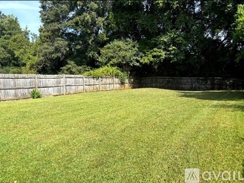 A backyard with a wooden fence and green grass.