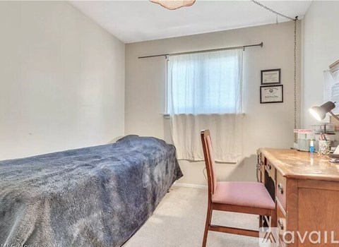 A bedroom with a bed, desk, and chair.
