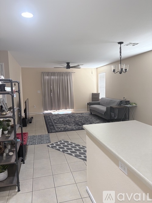 A living room with a grey couch and a black and white rug.