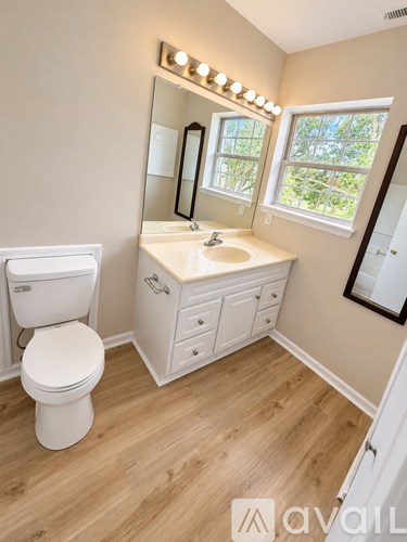 A white toilet sits in a bathroom with wood flooring and a mirror above a sink.