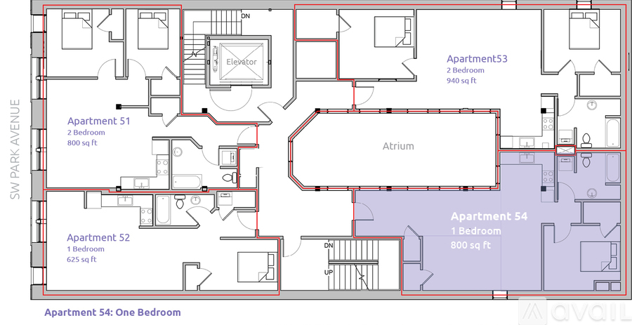 A floor plan of an apartment complex with Apartments 51, 52, and 54.