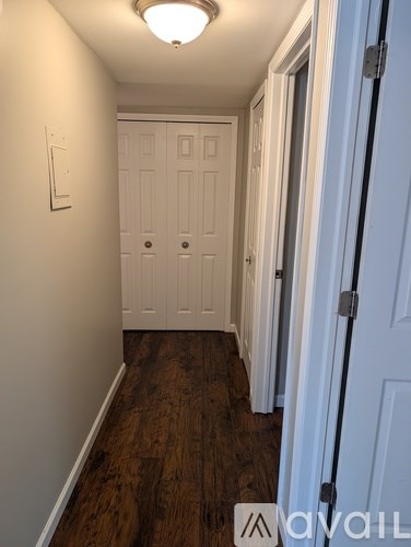 A hallway with a white door and a light on the ceiling.
