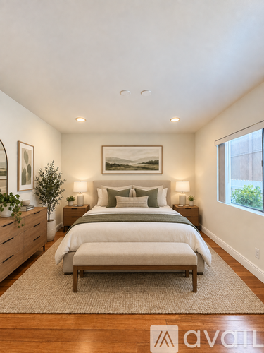 A bedroom with a large bed, nightstands, and a rug.