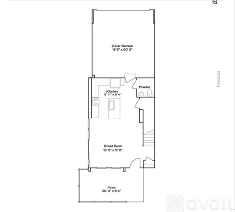 A floor plan of a house with a garage, kitchen, powder room, great room, and patio.