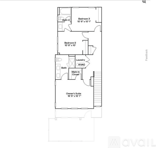 A floor plan of a house with three bedrooms and a laundry room.
