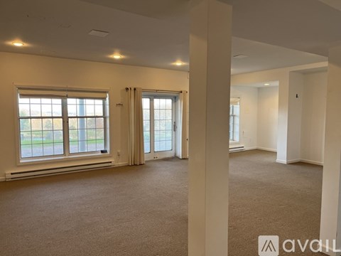 A spacious room with carpeted floor, two windows, and a door leading to another room.