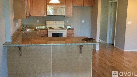 A kitchen with wooden cabinets and a granite countertop.