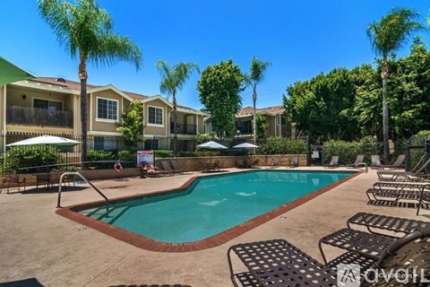 A pool surrounded by chairs and trees with apartment buildings in the background.