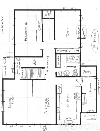 A hand-drawn floor plan of a house with labeled rooms such as Bedroom 1, Bathroom, Kitchen, and Living Room.
