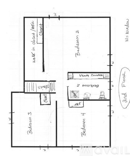 A drawing of a house layout with four bedrooms and a study.