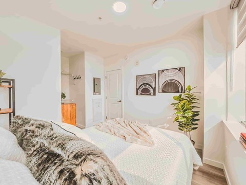 A bedroom with a bed covered in a patterned blanket and a potted plant on the side table.