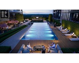 A poolside scene with people relaxing and a realtor logo.