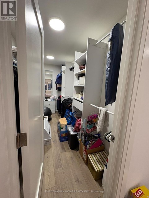 A hallway with a door on the left and a closet on the right.
