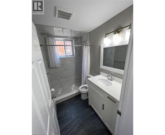 A bathroom with a toilet, sink, and shower.