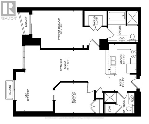 A floor plan of a house with a balcony, den, and a primary bedroom.